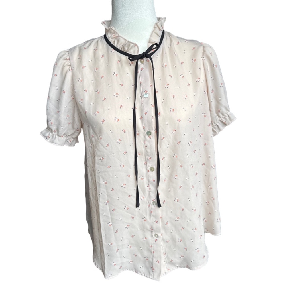 Daisy May Sheer Light Pink Floral Blouse‎ with Black Collar Ribbon
